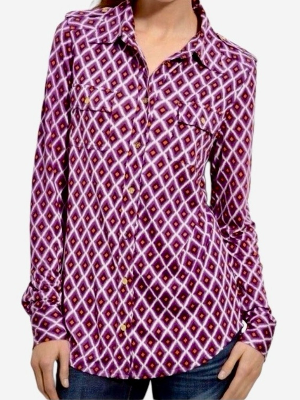 Tory Burch Edie Silk Diamond Print Blouse in Purple/Orange Women’s M